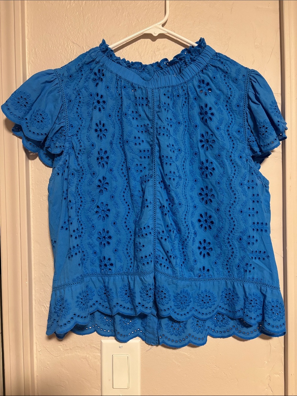 Bright Blue Eyelet Ruffled Off-Shoulder Blouse